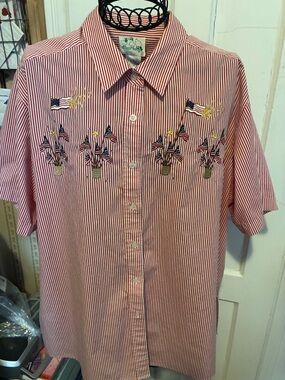 Classic Red Striped Plus Size Button-Up Shirt with Embroidered Flags